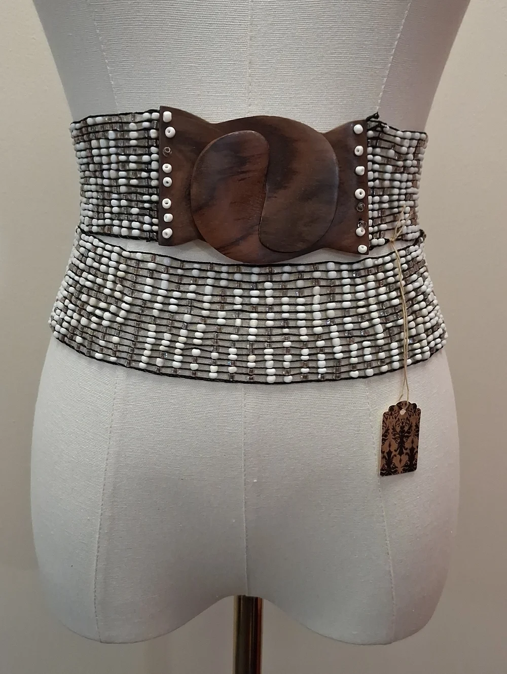 Beaded Elastic Wide Waist Belt Wood Buckle Gray White Y2K One Size